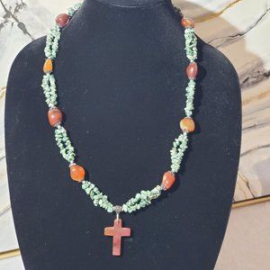 Stone Cross Pendant 14" Green Stone Statement Necklace